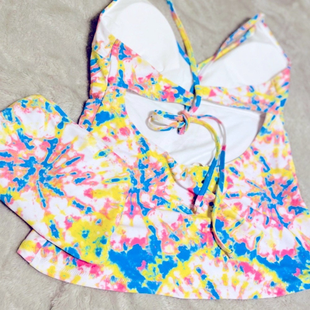 Jessica Simpson 2-Piece Taniki Swimsuit Set Tie-dye design yellow, pink & blue - Picture 2 of 2